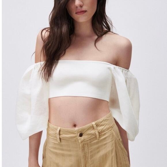 Zara Puff Organza Knit Top White Size Medium Bloggers‎ Favorite Feminine - Picture 1 of 7